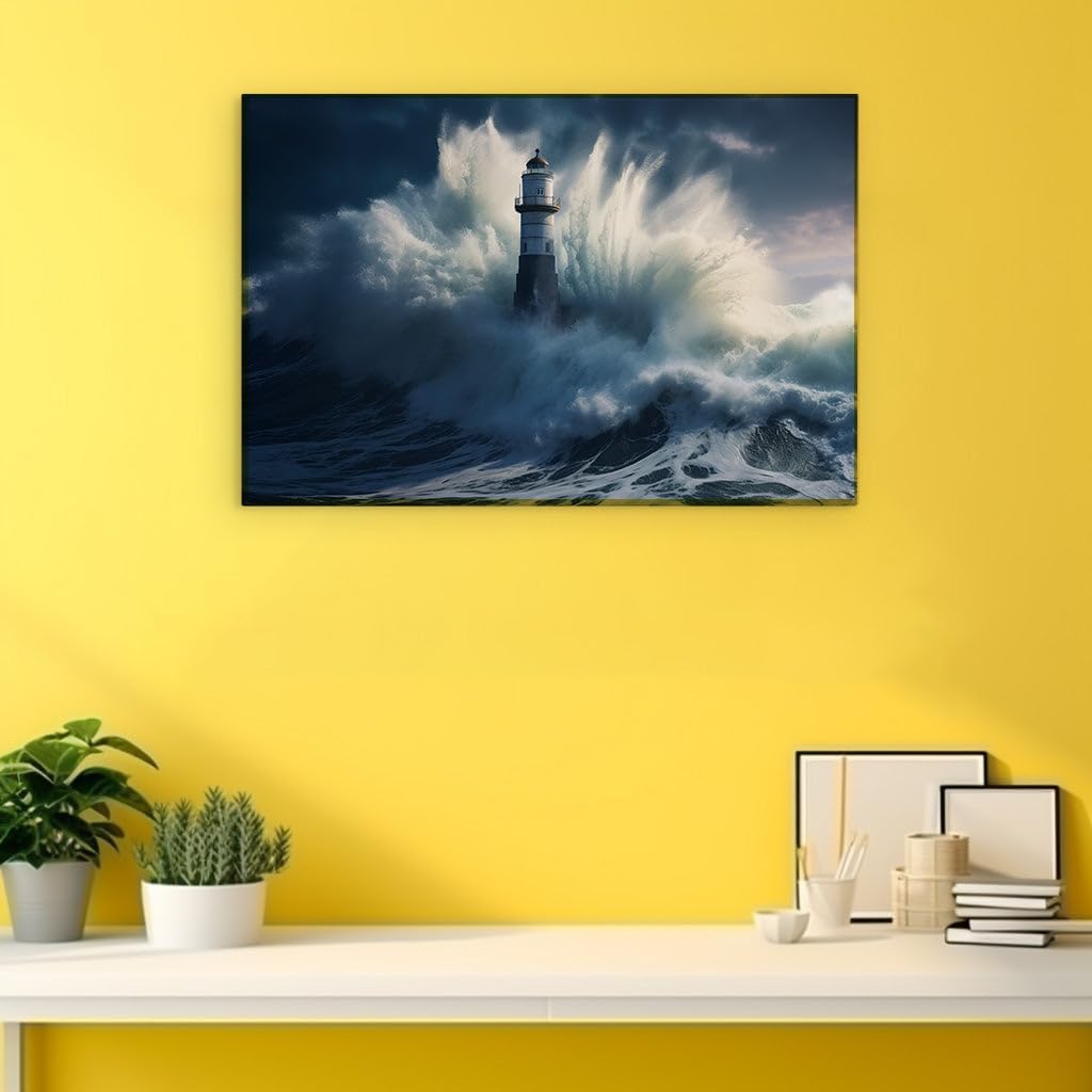 Canvas for Living room. Lighthouse Vigil in the Heart of the Tempest, 27 x 18 inch Canvas Wall Art - Contemporary Masterpieces - Modern Home Decor