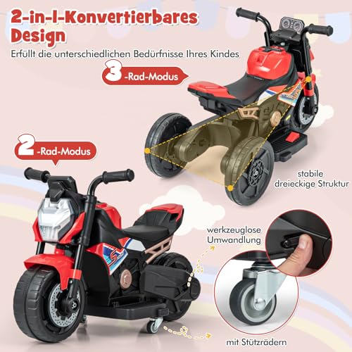 DREAMADE Elektro Motorrad Kinder mit Scheinwerfer & Musik & Hupe, Kindermotorrad mit abnehmbaren Stützrädern, 2-3 km/h Elektromotorrad Elektrofahrzeug, Elektro Motorrad für Kinder ab 18 Monaten (Rot) – Bild 3