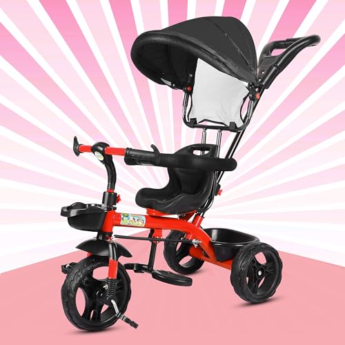 Image of BABY SMILE 4-in-1 Kids Tricycle with Adjustable Canopy, Parent Push Handle, Red and White (RED Black)