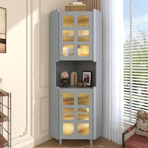 JCFEIDQW Credenza, libreria, armadietto ad angolo con strato di vernice e illuminazione a LED, pannello MDF, per studio, soggiorno, sala da pranzo, 154 × 63,5 × 157,5 cm (grigio)