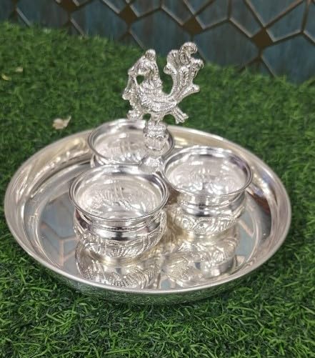 indiancraftbykanika German Silver Small Pooja thali Set of 4 Pieces for Housewarming Pooja