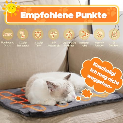 Angelpet Haustier Heizkissen L 45×70 cm – Elektrische Heizdecke für Hunde & Katzen, 9 Temperaturstufen (35–55 ℃) & 14 Timer (0–12H / 24H), Heizmatte mit bissfestem 1,8 m Kabel, 2 waschbare Bezüge