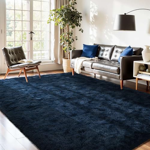 5x7 Fluffy Area Rug Blue Rugs for Living Room,1.7'' Thick Plush Soft Navy Blue Shag Carpet for Bedroom Boys Book Room Nursery Kids Playroom Dorm Decor