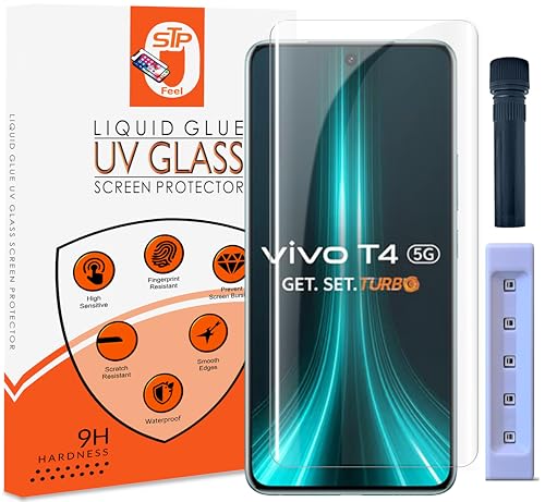Image of STP FEEL Advanced UV Tempered Glass Screen Protector Guard Compatible For Vivo T4 5G (6.77 Inch, Pack of 1) Full Adhesive UV Curved Case Friendly HD Clarity with easy installation kit for Smartphone