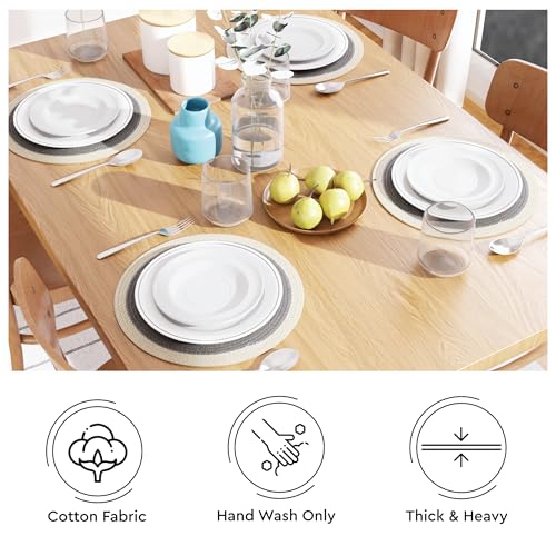 Image of Dining Table Mats Set of 4 | Cotton Table Mat 32 cm Diameter, Ecasa XO Washable Round Table Mats, Heat Resistance Dining Table Placemats, Handmade Ribbed Style for Centre Table, Light Grey & Off White