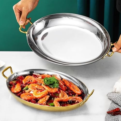 Stainless Steel Paella Pan - 36cm Oval Spanish Seafood Pan with Dual Handles - Ideal for Homes & Restaurants - Perfect for Lobster & Paella Dishes