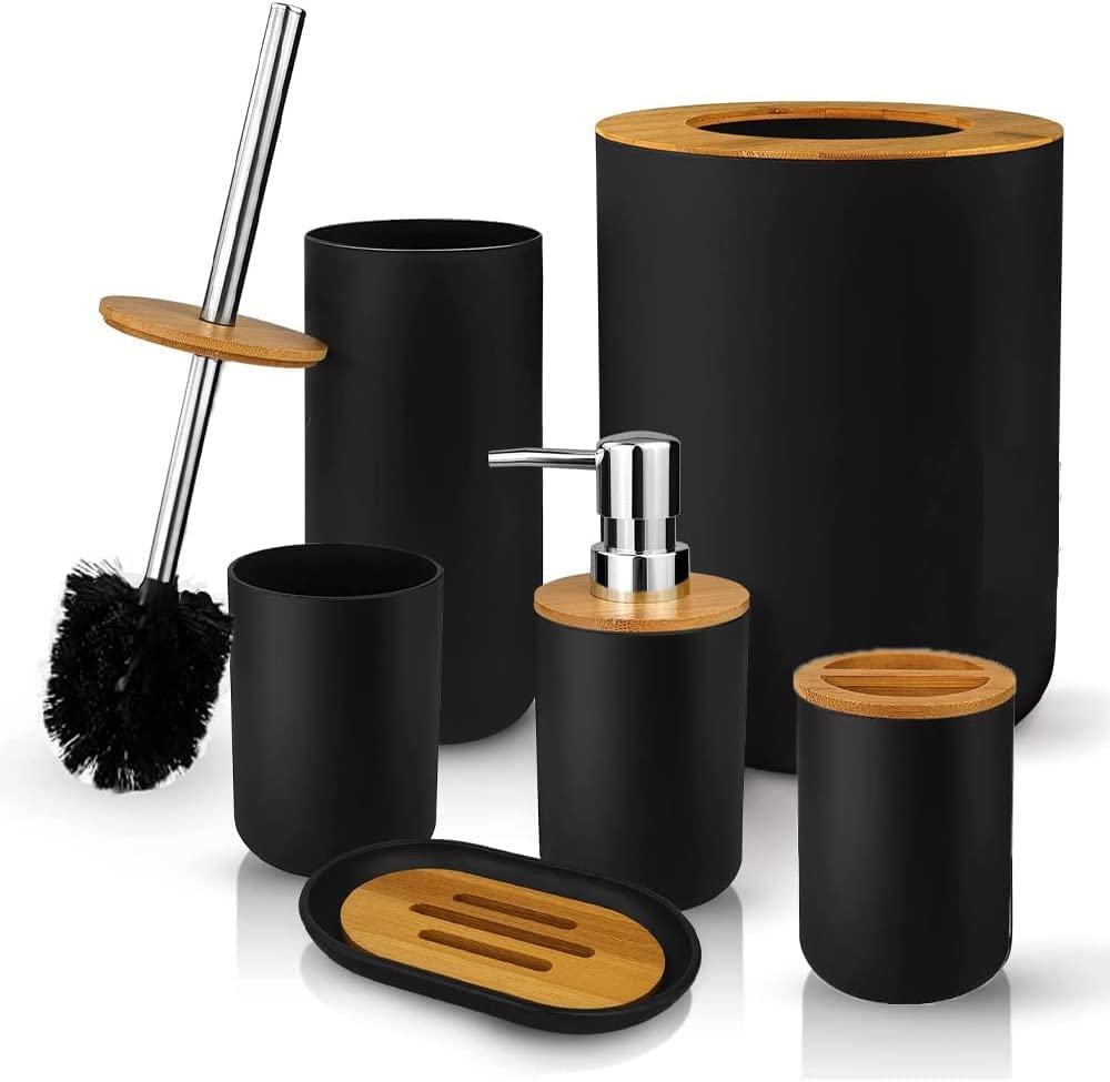Tiamu Bambus Badezimmer Set, 6 Teile Badezimmer Organizer mit WC  Toilettenbrste, Seifenspender, Zahnbrstenhalter Becher, Seifenschale,  Mlleimer, Modern Badaccessoires (Schwarz) : Amazon.de: Kche, Haushalt &  Wohnen