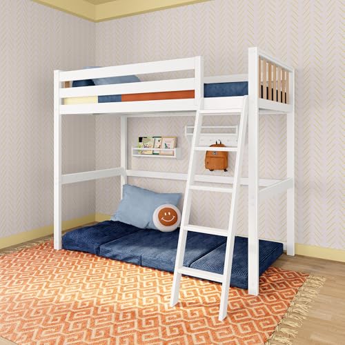 Image of Max & Lily Scandinavian Twin Loft Bed - Modern Solid Wood Kids' High Loft with 14 inch Guard Rails, Angled Ladder with Anti-Slip setps, 400-lb Capacity, Easy Assembly, White /Blonde