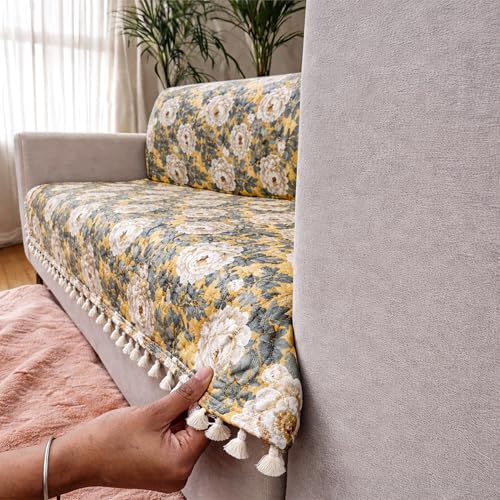 Image of Homerz Premium Printed Quilted Velvet Sofa Slip Cover Protector with Tassels, Sofa Mat, Exact Size, Antislip Cover (Antique Garden, 6 (3+2+1) Seater, Full)