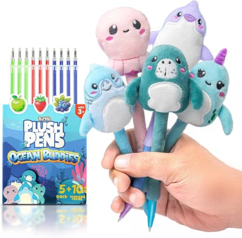 Image of BUNMO Cute Pens - Plush Fun Pens w /Soft Grip & 10 Colorful Refills - Gifts for Tweens - Fun Pencils for Kids - Ocean Animals - Gift for Teens - Squishies for Kids - Plush 5 Pack