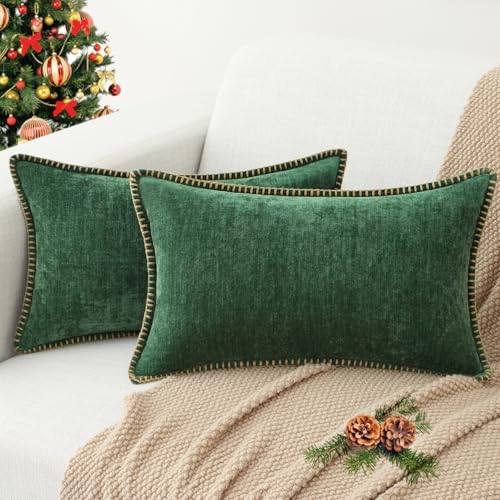 Image of decorUhome Soft Chenille Throw Pillow Covers 12x20 Set of 2 Green