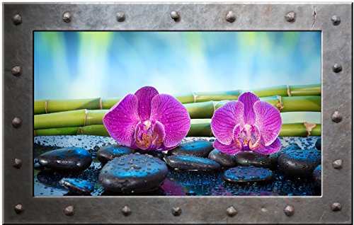 Sticker Trompe l'oeil Hublot Rectangle Cadre Métal Galets Bambou Orchidée - HUP041 (20x13cm)
