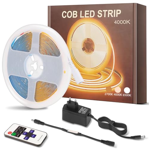 PSTAR Cob Tira Led 5M, Autoadhesivo Luz Blanca Natural 4000K Luces Tira 320LED/M Flexible Cortable, Ancho 8mm, Con Fuente De AlimentacióN Y Control Remoto, Para Dormitorio/Cocina/DecoracióN Del Hogar