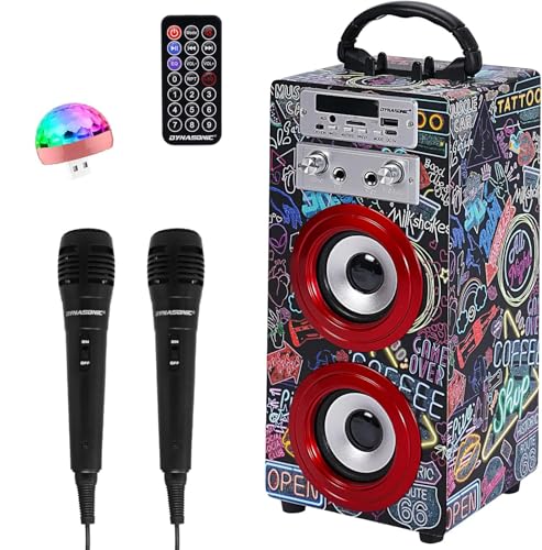 Karaoke Portátil DYNASONIC (025-21 luz) Maquina de Karaoke con 2 Micrófonos, Altavoz Bluetooth, Luz USB incluida, Lector USB y SD, diseño Exclusivo, Regalo Original