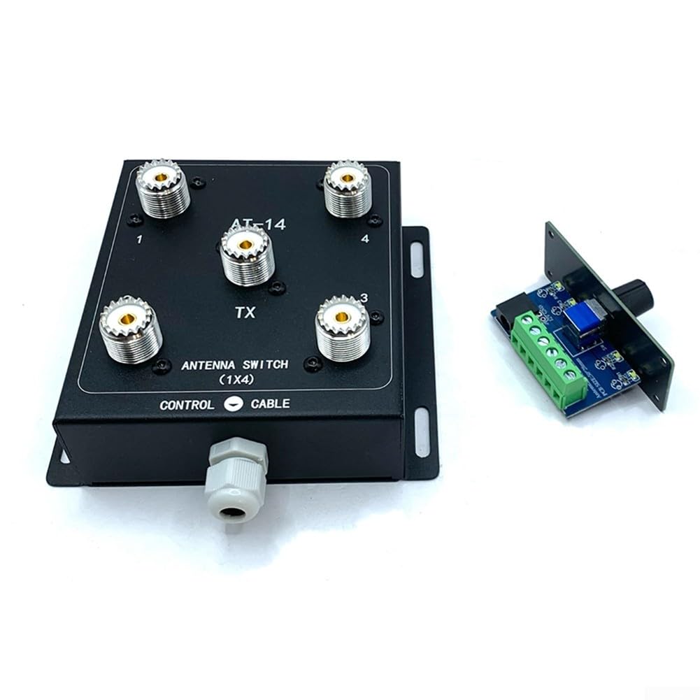 AT-14 Interrupteur coaxial à 4 voies pour antennes 1,8-60 MHz 500 W PEP avec 4 entrées et 1 sortie, commande +12 V, connexion SO-239, faible perte de signal