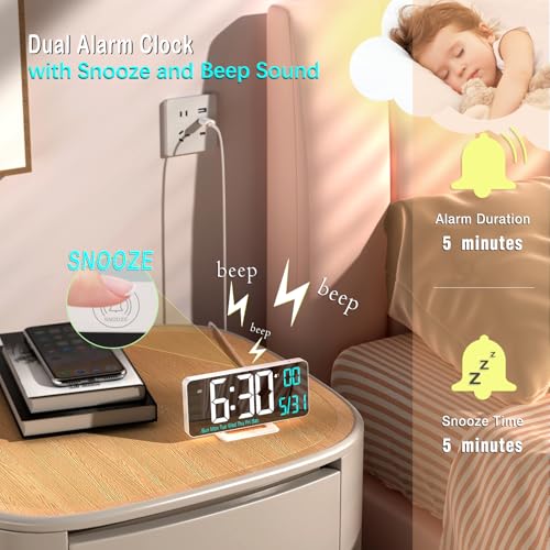 Image of KOSUMOSU Digital LED Clocks for Bedrooms 6.7in White Alarm Clock, Dimming, 12 /24h, Date, Day of Week,Temp,Desk Clock, LED Clock for Bedside, Digital Calendar Clocks for Living Room Essentials