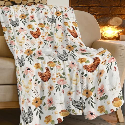 Chicken Floral Blanket Rooster Hen Printed Decor Throw Blanket Warm Soft Plush Lightweight Fleece Flannel Winter Blanket Farm Gifts for Girls Women Farmer Lover Boys Baby Kids Couch Bedding 40