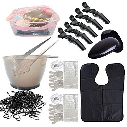 Hair Dye Coloring DIY Beauty Salon Tool Set- Hair Tinting Bowl,Dye Brush,Ear Cover,Hairpin,Hair Salon Working Apron,Disposable Gloves Cape Shower Cap with Carrying Bag