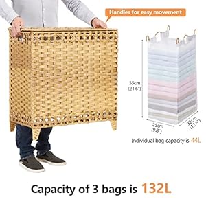 Laundry Hamper with 3 Removable Liner Bags; 132L Handwoven Rattan Laundry Basket with Lid & Heightened Feet; Clothes Hamper with Side Handles; Laundry Sorter with 3 Separate Sections (Natural) Laundry Hamper with 3 Removable Liner Bags 132L Handwoven Rattan Laundry Basket with Lid Heightened Feet Clothes Hamper with Side Handles Laundry Sorter with 3 Separate Sections Natural
