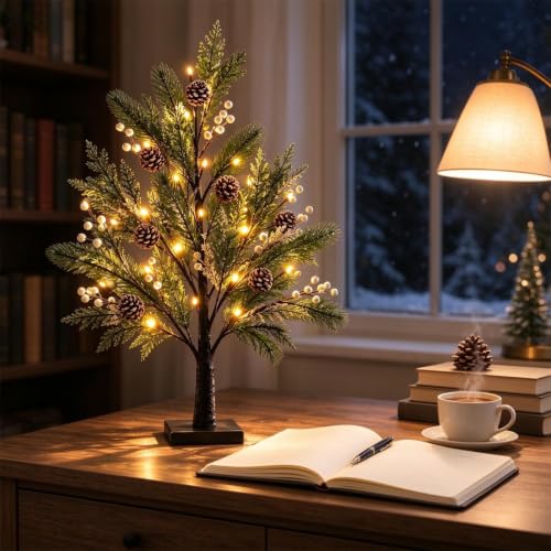 15.75in Artificial Christmas Tree with Warm Led Lights Pinecone & Berries - image 5
