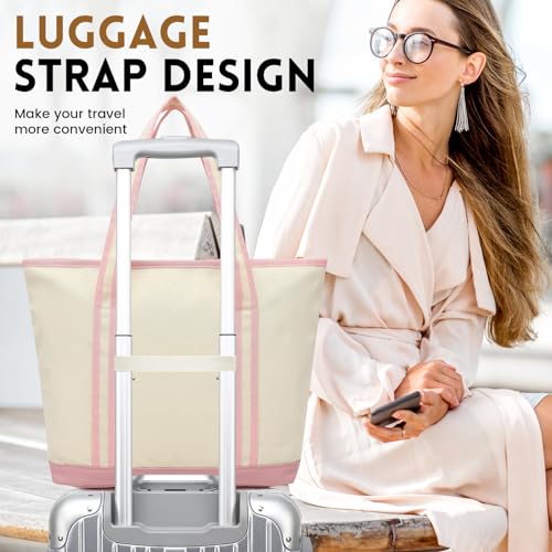 Image of Large Canvas Tote Bag for Women, Beach Bag with Zipper, Utility Tote Bag with 3 Front Pockets, Weekender Pool Bag