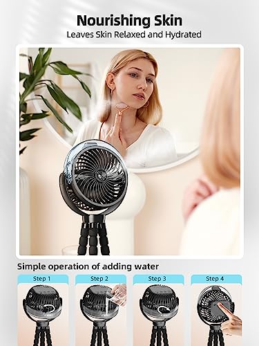 Image of Misting Stroller Fan, 6000mAh Battery Operated Portable Fan with Light & 360 Pivoting, Personal Fans with Flexible Tripod for Baby, Office, Travel,Treadmill,Outdoors