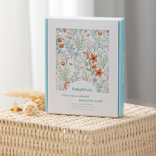 Image of Newborn Swaddle Set with Matching Hat and Bow Set, Floral Baby Girl Newborn Receiving Blankets Baby Swaddle Nursery Wildflower Baby Blanket, Wooden Birth Announcement Card