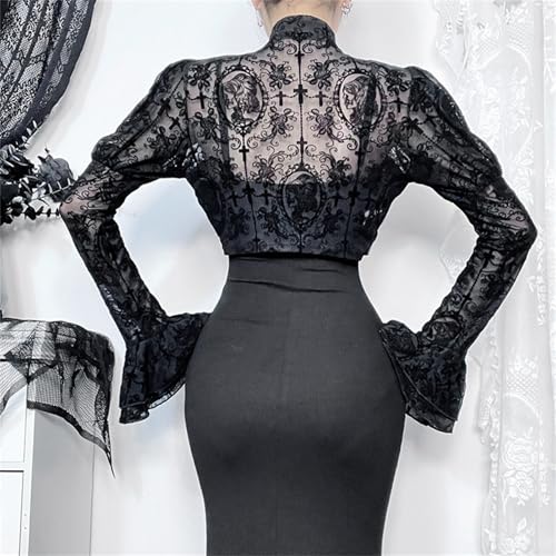 Image of Women Gothic Crop Top Shirt Y2K Black Bell Sleeve Shawl Cardigan