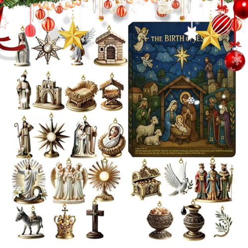 Path To Bethlehem Calendarios 2025, calendario de cuenta regresiva de Navidad de 24 días con de belén, accesorios de temporada planos 2D religiosos para valla, sala de estar, chimenea, ventana