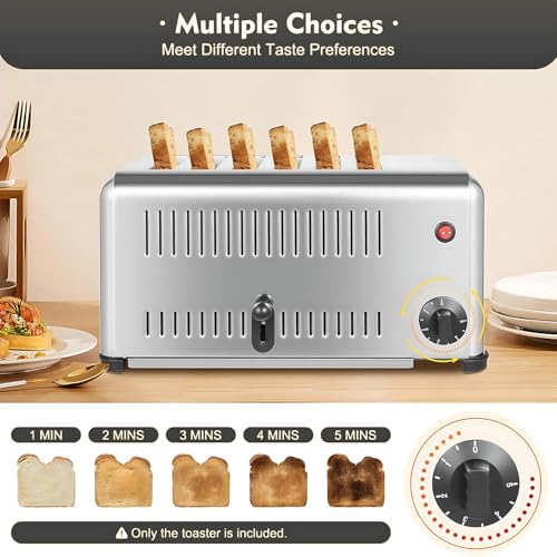 6 Toaster Stainless Steel, Commercial Toaster MachiNe with Widen Baking Slots, Bread Baking Machine with Timing Function, 5 Levels Adjustable, Removable Crumb Tray, for Bakeries - Image 7