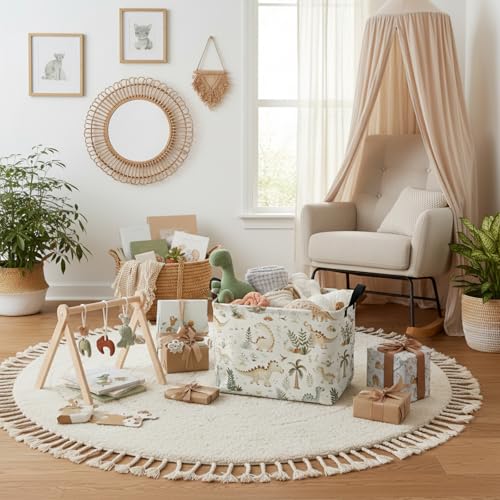 Image of Kid Cute Rectangle Storage Basket Baby Toy Clothes Storage Bin Nursery Playroom Bedroom Decor Basket (Bohemian Dinosaur)