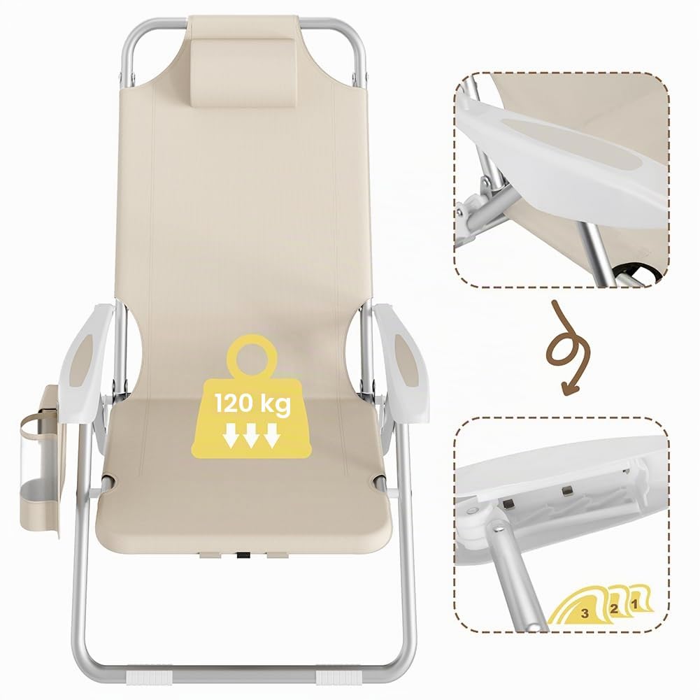 BAKAJI Plage Pliante Portable Chaise Longue de Plage Pliable Structure en Aluminium Tubulaire avec Poche Porte-Objets Sac Thermique intégré et Bretelles Sac à Dos (Beige)