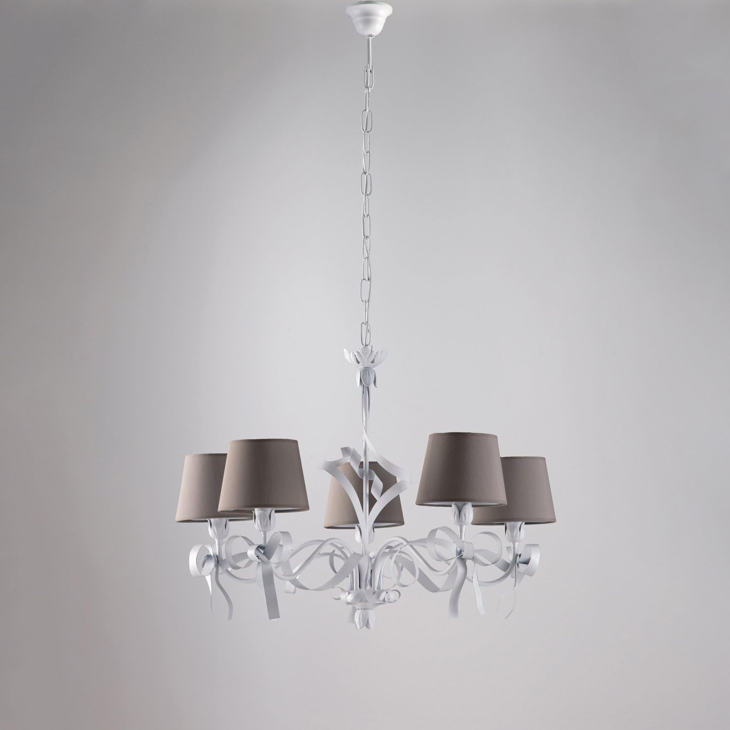 Lampadario Bianco Shabby Con Paralumi Bianchi 5 Luci Lucy