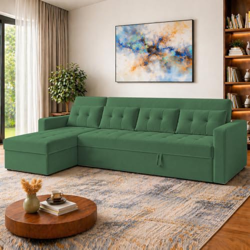 Image of Emilio 6 Seater LHS L - Shape Pull-Out Sofa Cum Bed Sofa for Living Room (Green Fabric Color) Premium Fabric Sofa Set for Living Room Sofa Cum Bed