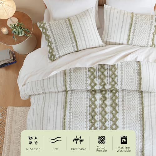 Image of Ink+Ivy King Comforter Set, Boho Comforters, Breathable Cotton Bed Set, All Season Modern Chenille Tufted Comforter with Farmhouse Bedding Flare, Gifts for Woman, Sage /Ivory 3 Piece