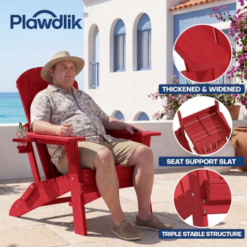 Image of Plawdlik Folding Adirondack Chair with Cup Holder, Red | SGS Tested, Wooden Textured , Heavy All-Weather HDPE Outdoor chairs for patio Backyard Lawn