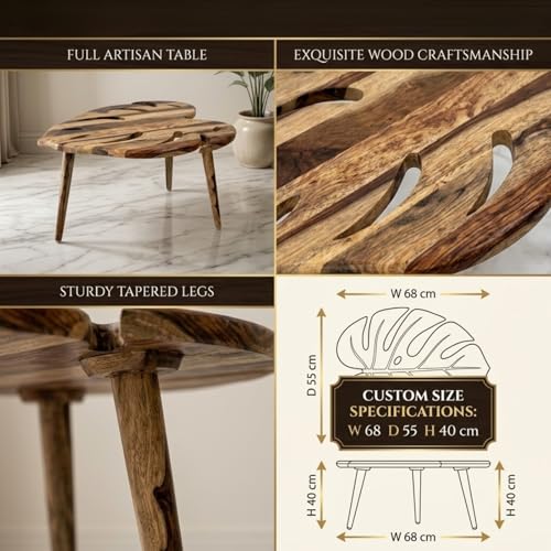 Image of Solid Sheesham Wood Leaf Shape Coffee Table | Modern Wooden Center Table for Living Room | Designer Tea Table | Small Side Table for Sofa Balcony Bedroom | Stylish Home Furniture | Natural Finish
