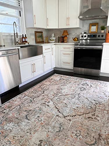 Image of Kemer Collection Machine Washable Area Rug for Living Room Bedroom - Vintage Distressed Faded - Traditional Boho Bohemian Farmhouse Bordered Carpet - Pet Friendly-Brown,Burnt Orange,Beige - 8'10 inchx12'