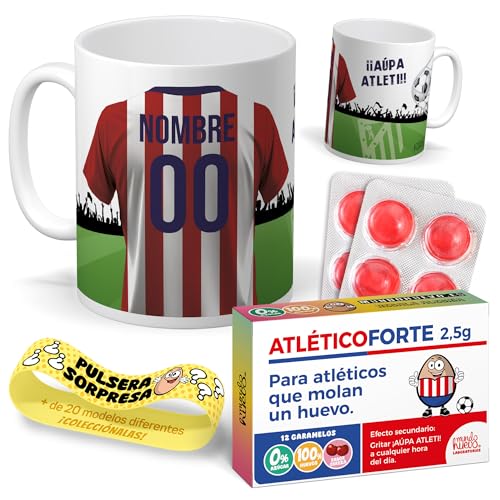 Taza Personalizada con Nombre Camiseta Atletico | Pack Fútbol con Taza, Pulsera Coleccionable y Caramelos Divertidos | Regalo Original para Colchoneros | Perfecto para Cumpleaños