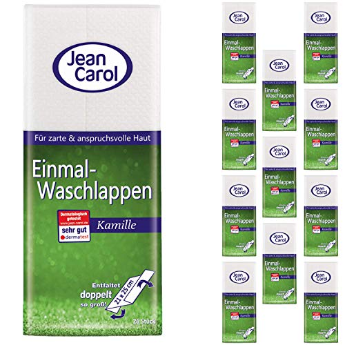 Jean Carol Einmalwaschlappen Kamille, aus weichem Vlies, Vorteilspackung (12 x 26 Stück) trocken, ohne Duft, für eine tägliche und hygienische Hautpflege Cover