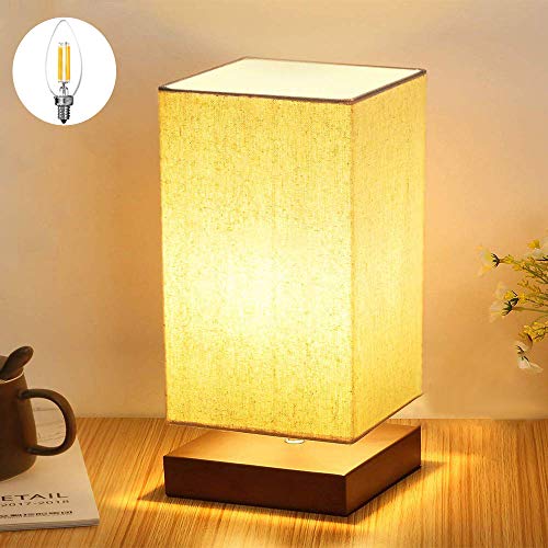 Depuley Lampe de Chevet Abat-jour Tissu, Lampe de Table, Design Moderne et Scandinave, Socle en Bois Naturel et Léger, Culot E27 et Prise pour Salon Bureau (Ampoule LED Incluse)