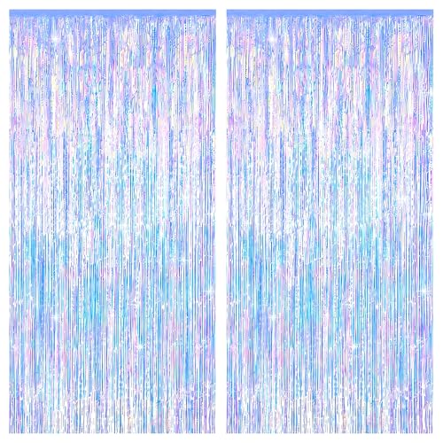 Melsan Iridescent Party Decorations Backdrop 2 Pack Holographic Foil Fringe Curtain Shimmer Tinsel Curtains for Birthday Party Mermaid Birthday Decorations Photo Booth Decor 3.28 x 6.56 ft