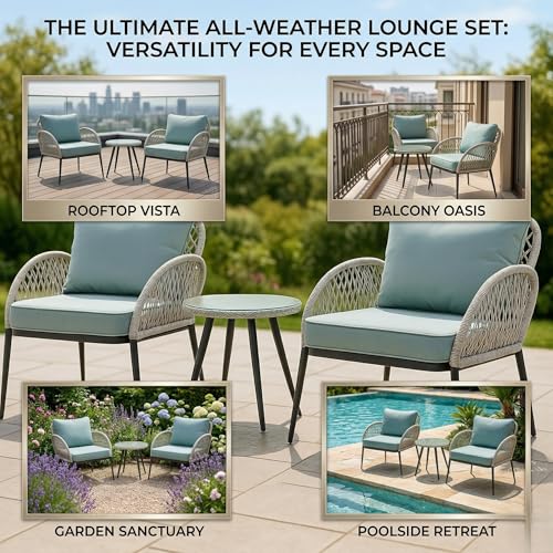 Image of LOCCUS Outdoor Patio 3-Piece Wicker Chair Table Set with Double Waving HDPE Rattan All Weather Resistant Furniture with Glass Top Table & Comfy Seat (Sliver Grey & Sky-Blue)