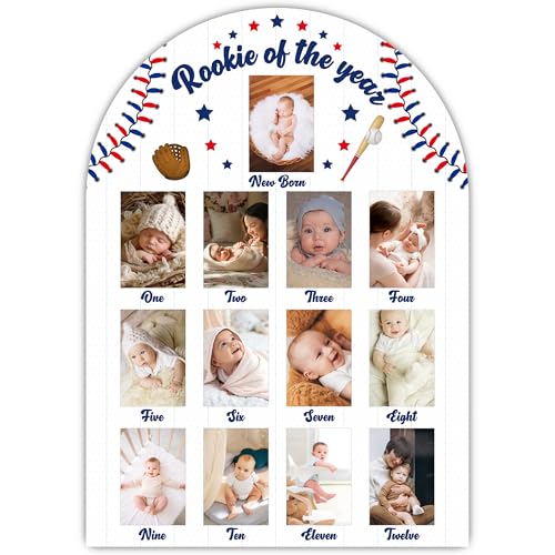 Image of Rookie of The Year My First Year Photo Board, Baseball Baby Milestone Signs for Boys Girls Nursery Decor, 12 Month Wooden Picture Board for 2x3 Photos, Best Babies Keepsake Gifts-A08