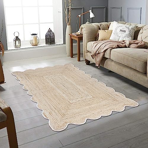 CASAVANI Collection Scalloped Runner Rug - 2.6x8 Beige Scallop Edge Braided Jute Rug Solid Kilim Rug Indoor Outdoor Use Carpet Flatweave Rugs for Bedroom Bedside Runner Kitchen Hallway