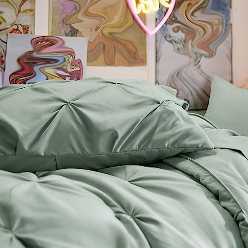 Image of Bedsure Twin Comforter Set Sage Green - Bed in a Bag Twin Size Bedding 5 Pieces, GentleSoft Pintuck Bed Set Gift for Family, All Season Down Alternative Comforter with Sheets, Pillowcase & Sham