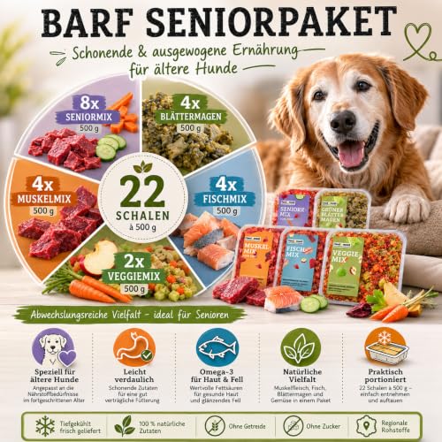 Barf-Seniorpaket – 22 Schalen Frostfutter – Speziell für ältere Hunde mit Kräutern, Ölen und Gemüse sowie Obst in den Fertigmixen