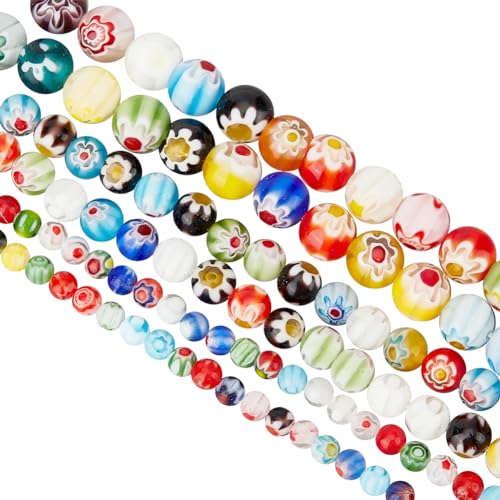 OLYCRAFT about 212~218 Pcs Handmade Flower Millefiori Lampwork Glass Beads 4mm 6mm 8mmm Round Glass Flower Beads 1mm Hole Loose Mixed Color Mosaic Beads for Jewelry Bracelet Necklace Making DIY Craft