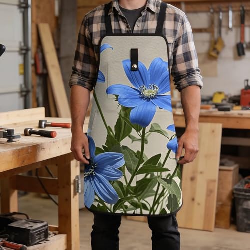 Delantal de trabajo azul cian con flores miniatura 5