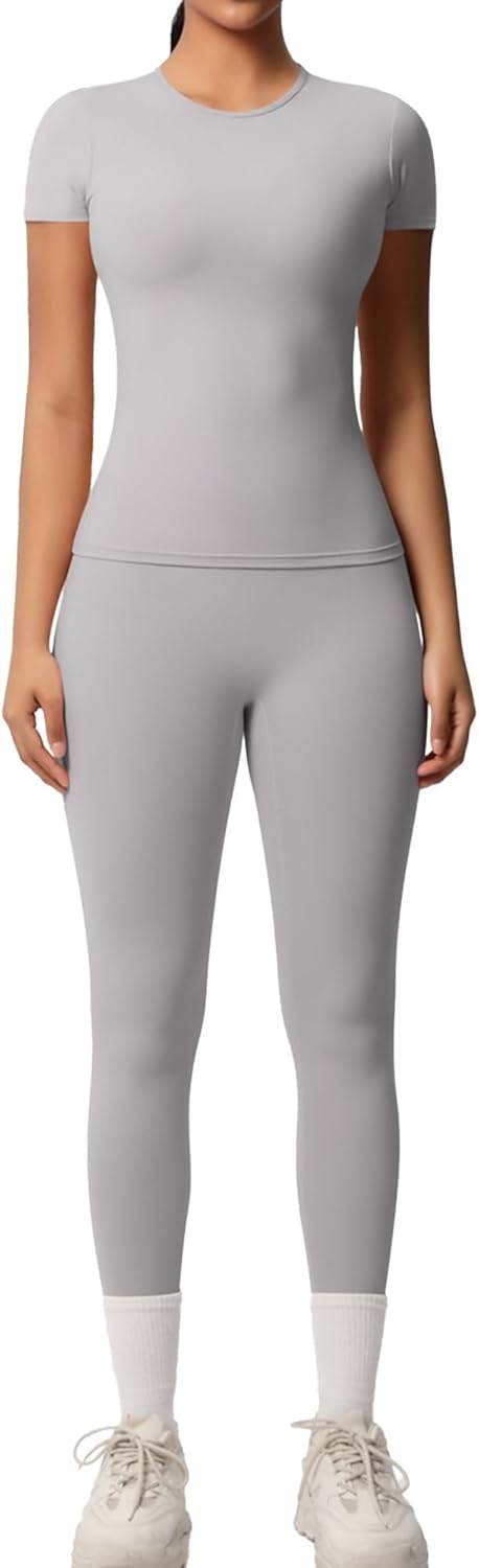 Yoga Sets for Women 2 Piece High Waist Butt Lift Leggings Slim Fit Round Neck Short Sleeve Gym Work Out Clothes